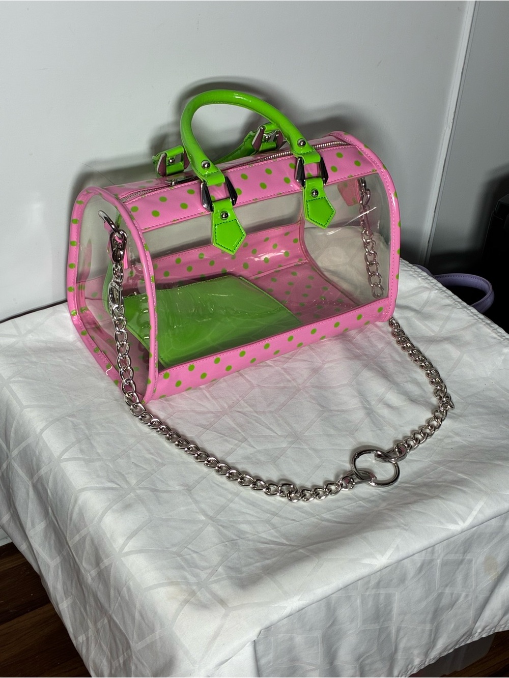 Stadium approved Clear bag NWT Dustbag bagcharm incl. pink lime green polkadot - Picture 6 of 17